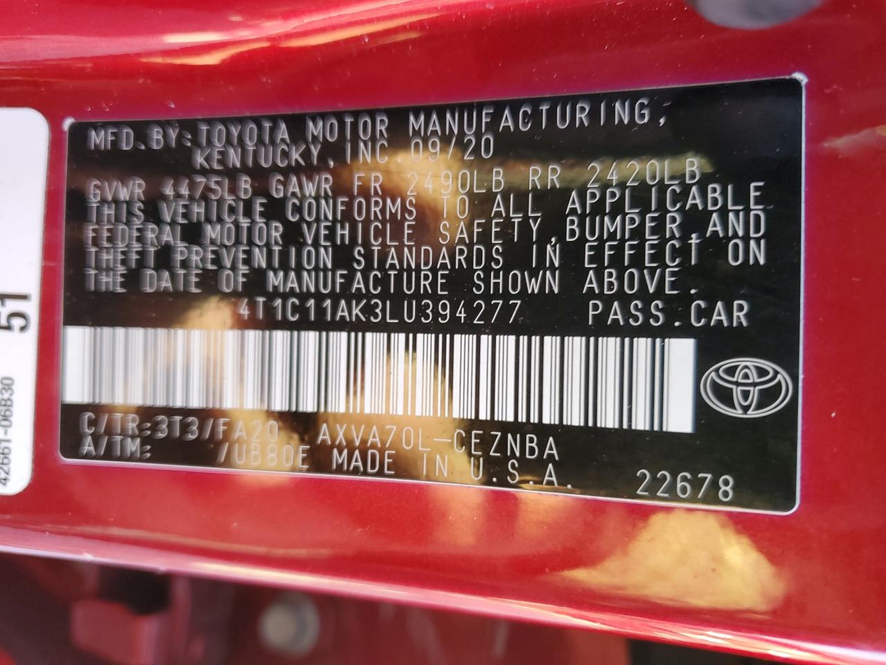 4T1C11AK3LU394277 2020 Toyota Camry Le