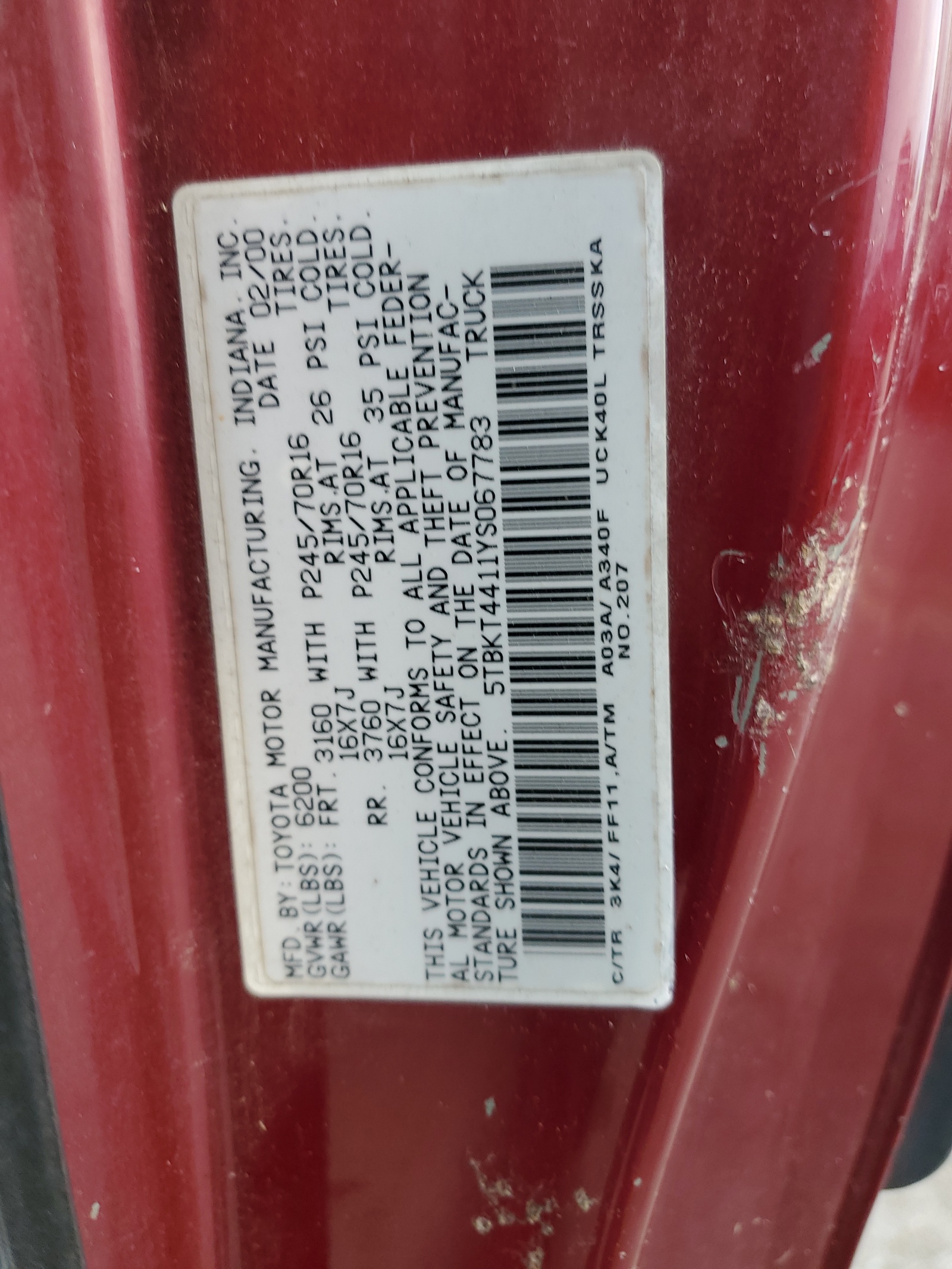 5TBKT4411YS067783 2000 Toyota Tundra Sr5