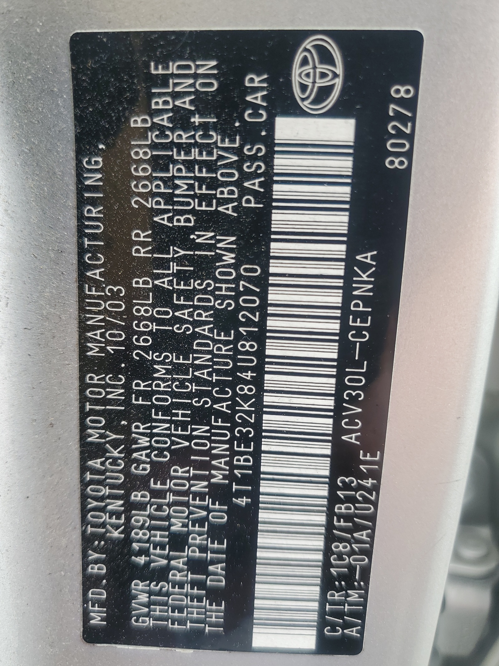 4T1BE32K84U812070 2004 Toyota Camry Le