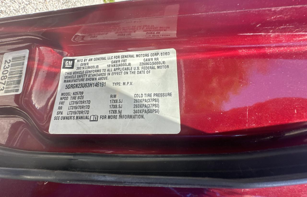 2003 Hummer H2 VIN: 5GRGN23U63H146191 Lot: 66165834