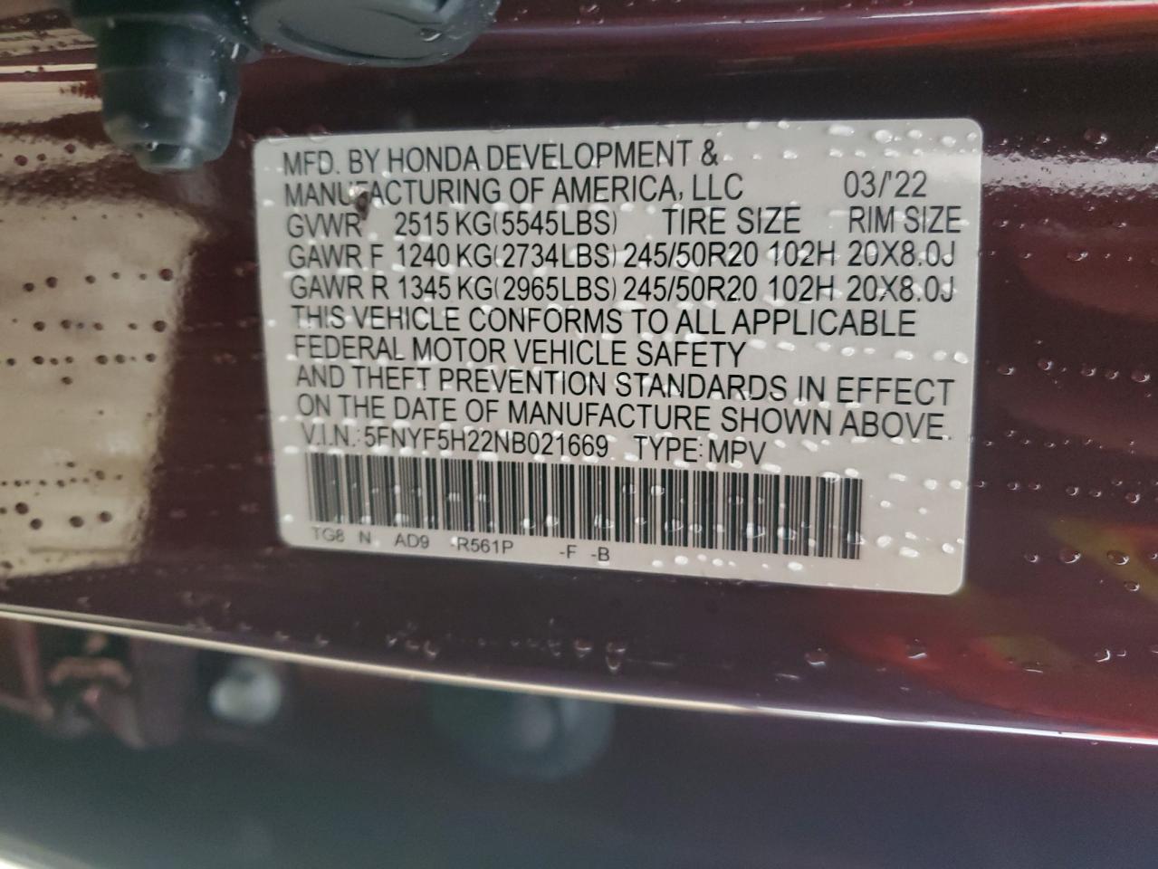 2022 Honda Pilot Se VIN: 5FNYF5H22NB021669 Lot: 68580894