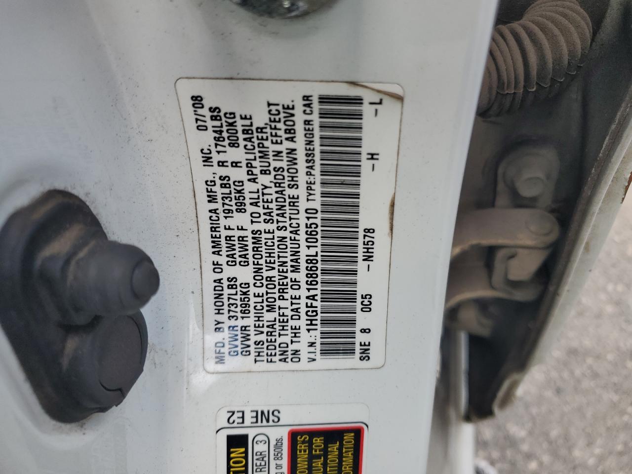 2008 Honda Civic Ex VIN: 1HGFA16868L106510 Lot: 65462804