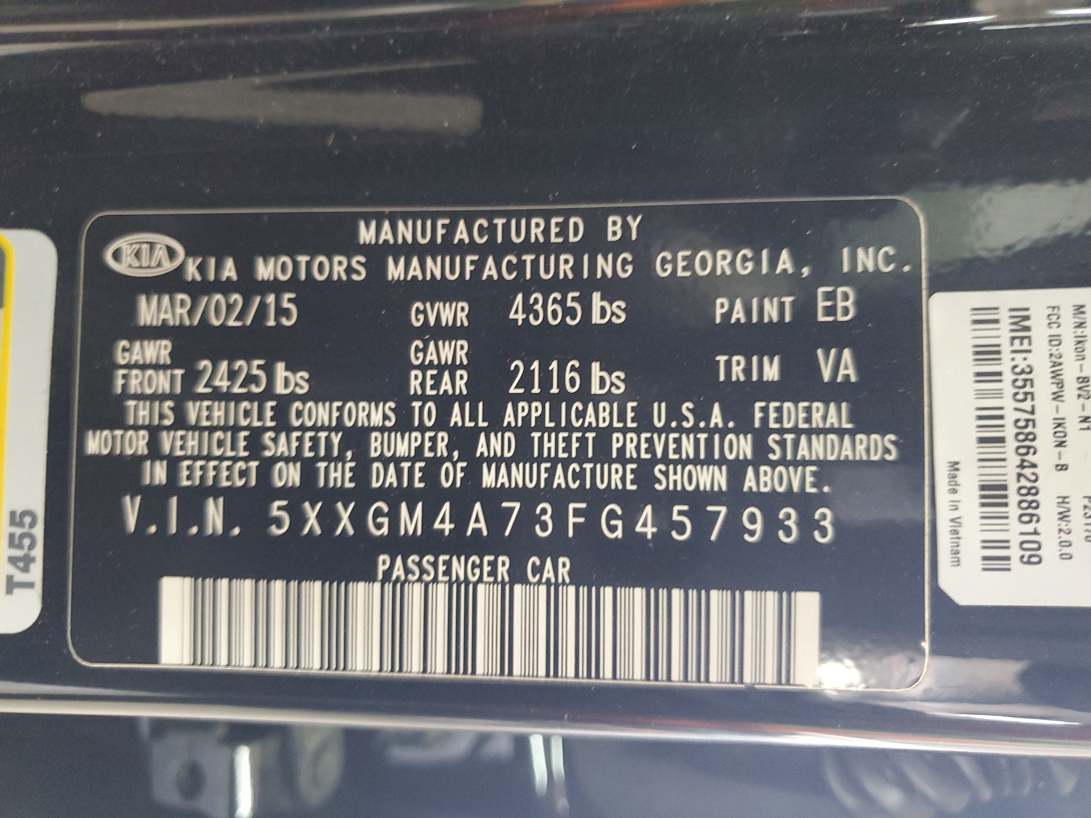 5XXGM4A73FG457933 2015 Kia Optima Lx