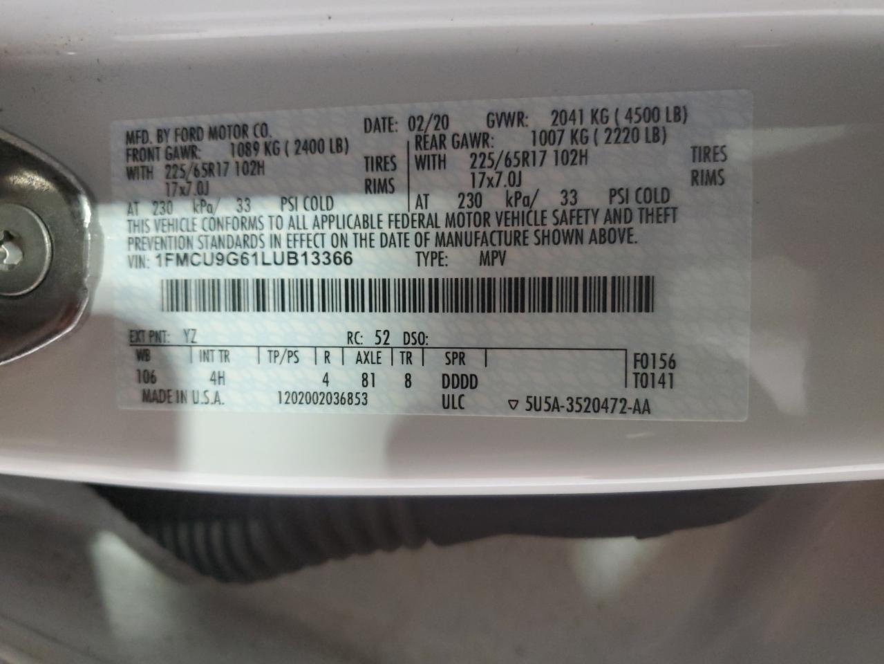 2020 Ford Escape Se VIN: 1FMCU9G61LUB13366 Lot: 67599344