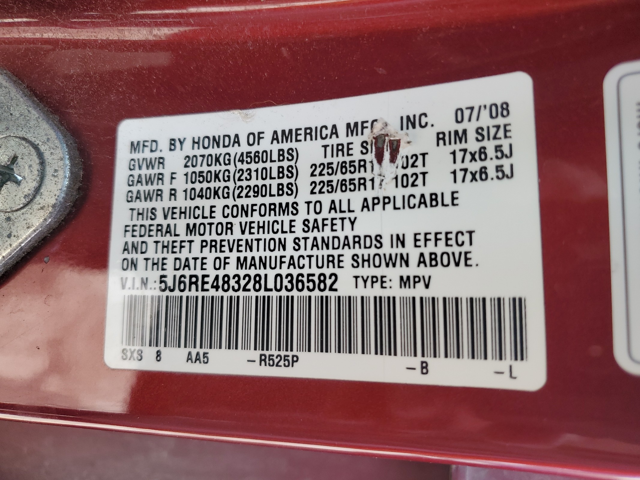 5J6RE48328L036582 2008 Honda Cr-V Lx