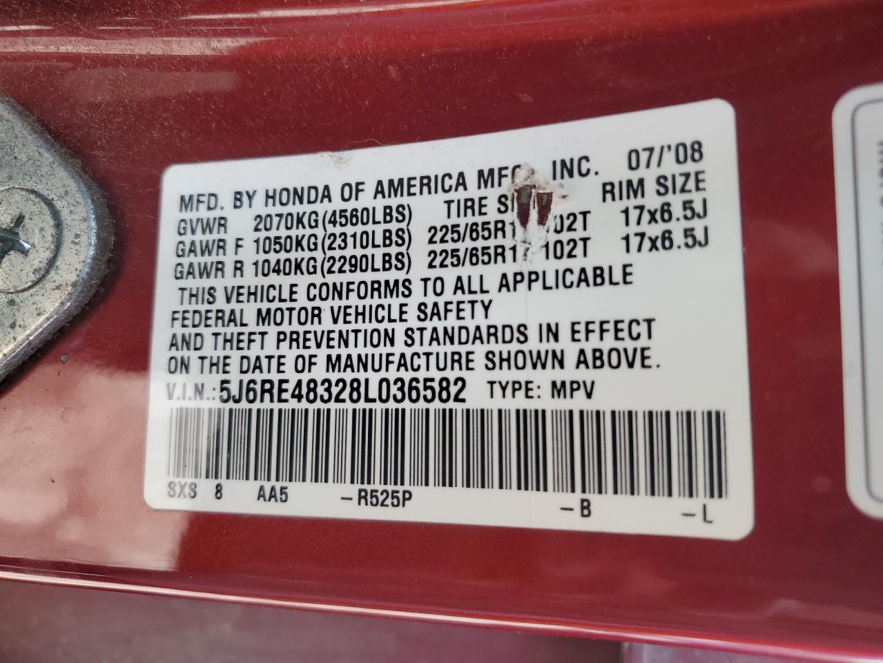 2008 Honda Cr-V Lx VIN: 5J6RE48328L036582 Lot: 65275924