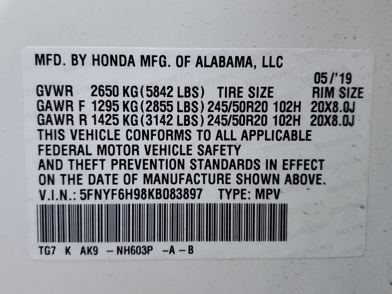 5FNYF6H98KB083897 2019 Honda Pilot Touring