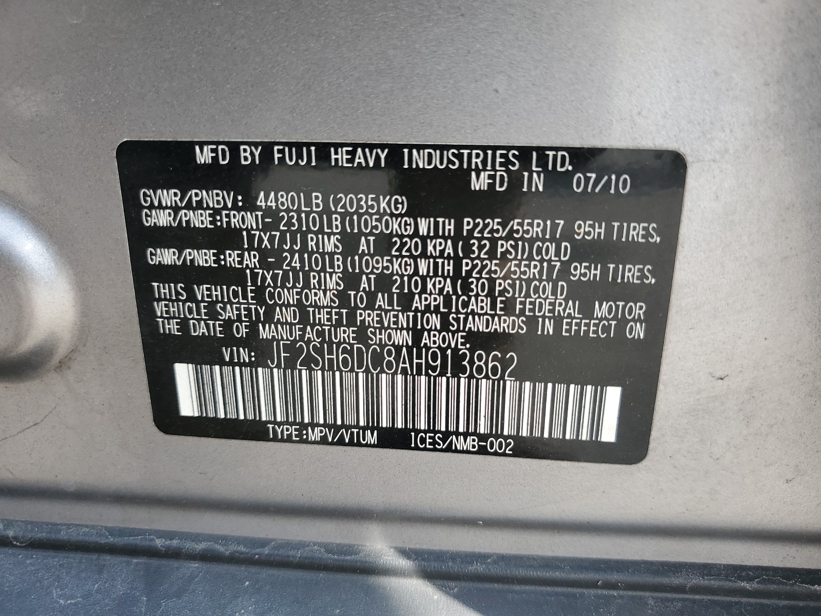 JF2SH6DC8AH913862 2010 Subaru Forester 2.5X Limited