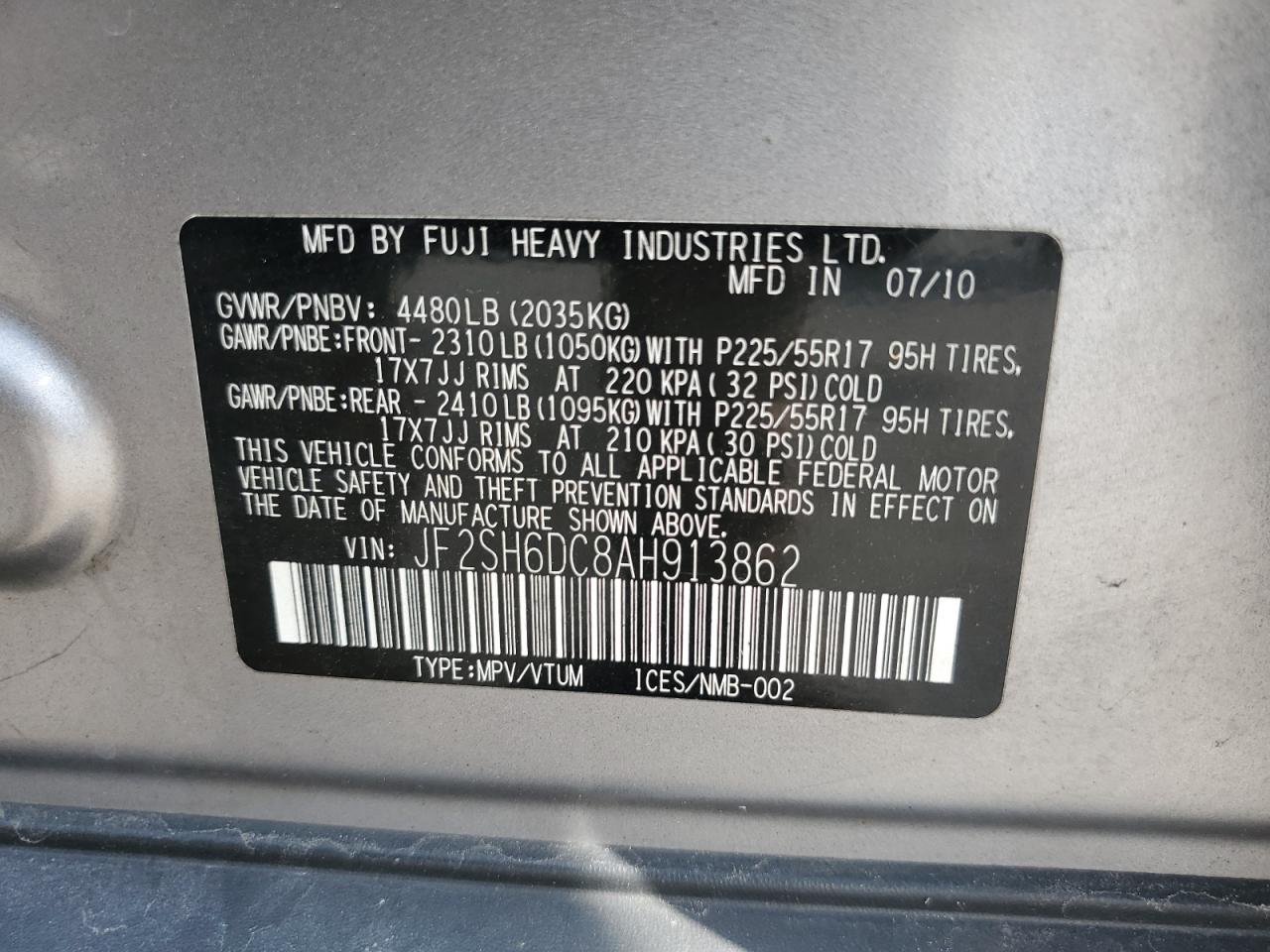 2010 Subaru Forester 2.5X Limited VIN: JF2SH6DC8AH913862 Lot: 67978114