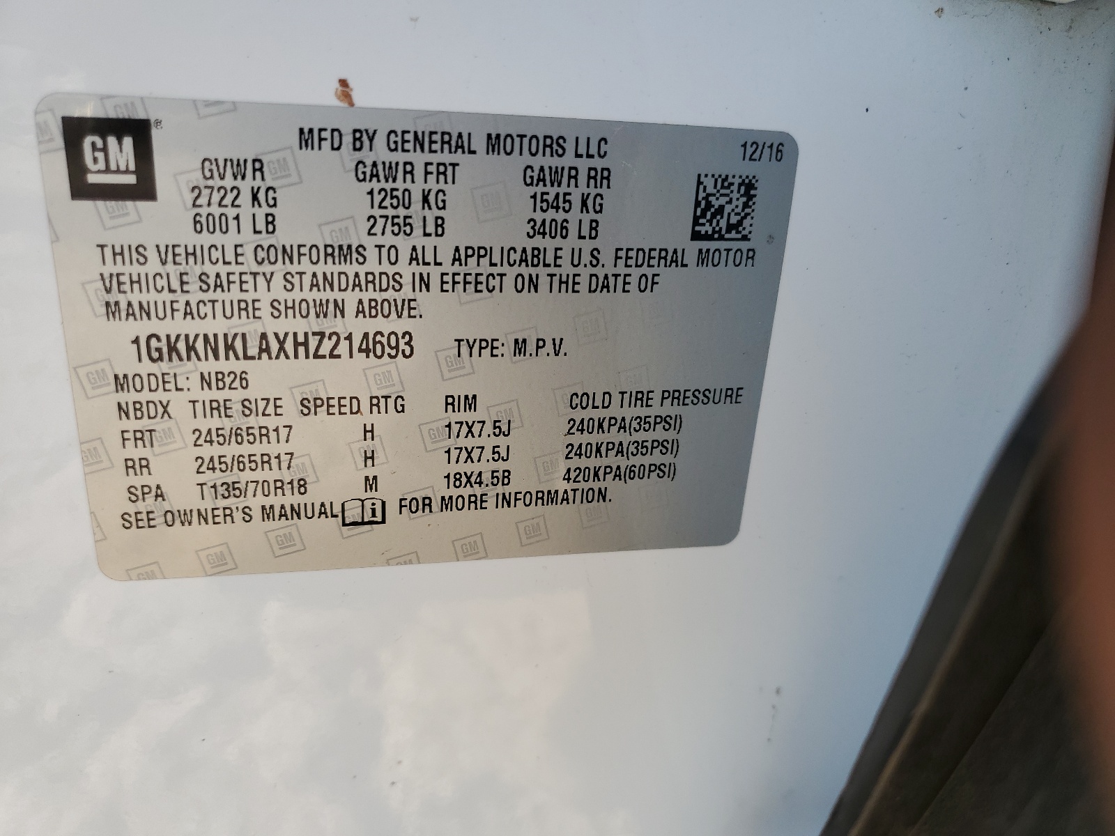 1GKKNKLAXHZ214693 2017 GMC Acadia Sle