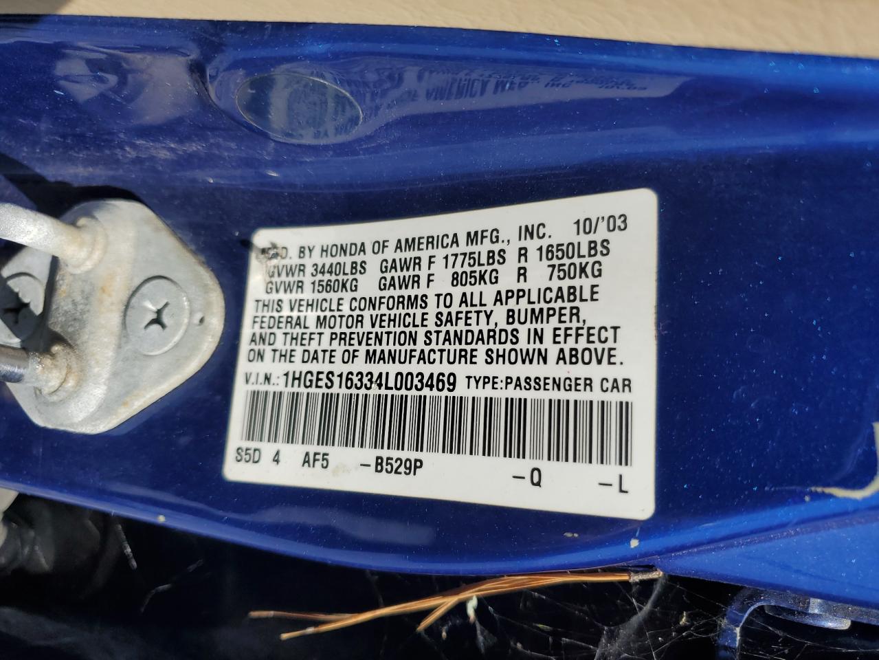 2004 Honda Civic Dx Vp VIN: 1HGES16334L003469 Lot: 69011904