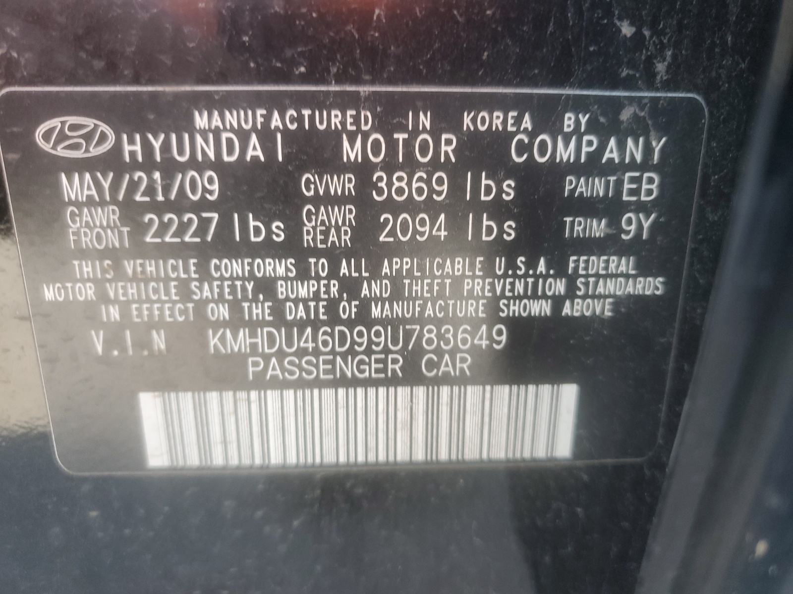 KMHDU46D99U783649 2009 Hyundai Elantra Gls