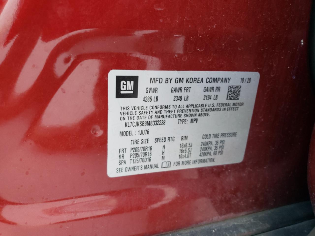 2021 Chevrolet Trax Ls VIN: KL7CJKSB9MB332238 Lot: 65539884