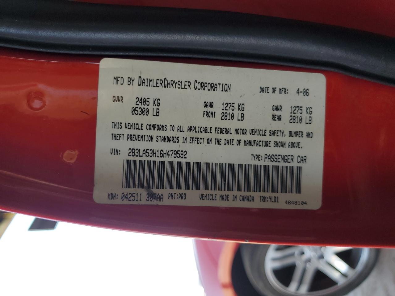 2006 Dodge Charger R/T VIN: 2B3LA53H16H479592 Lot: 63728054