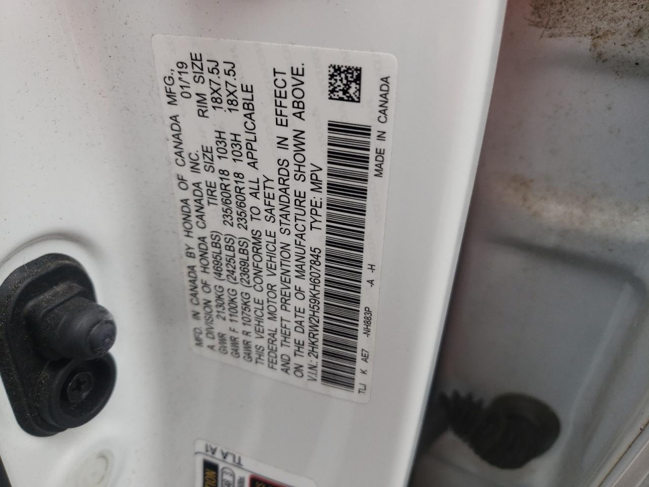 2019 Honda Cr-V Ex VIN: 2HKRW2H59KH607845 Lot: 67461094