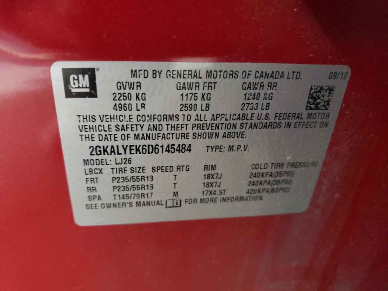 2013 GMC Terrain Denali VIN: 2GKALYEK6D6145484 Lot: 66310704