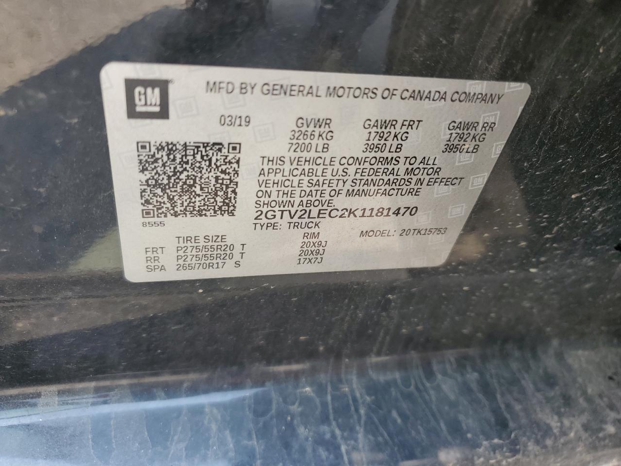 2019 GMC Sierra Limited K1500 VIN: 2GTV2LEC2K1181470 Lot: 65434274