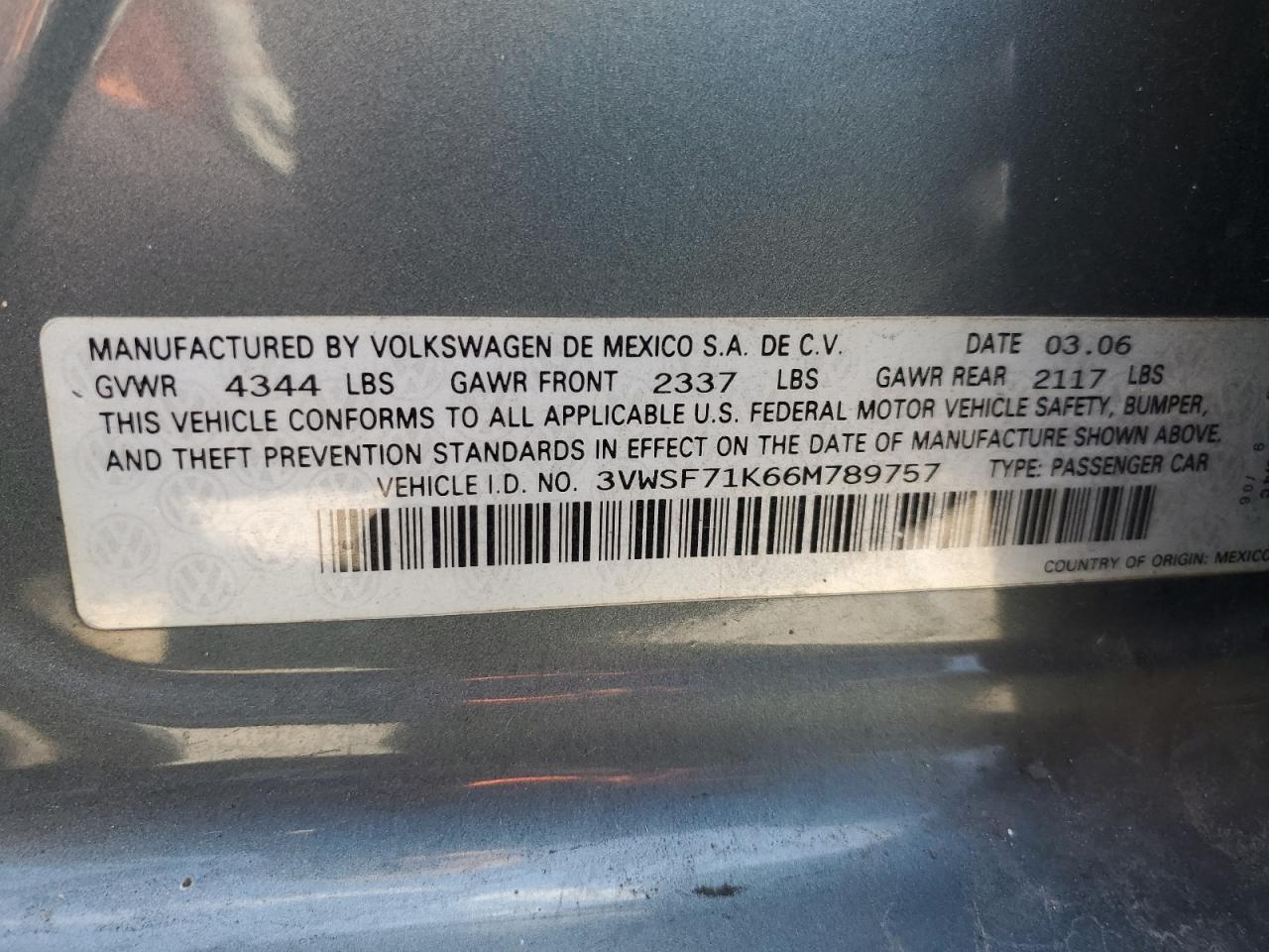 2006 Volkswagen Jetta 2.5 Option Package 1 VIN: 3VWSF71K66M789757 Lot: 63880644