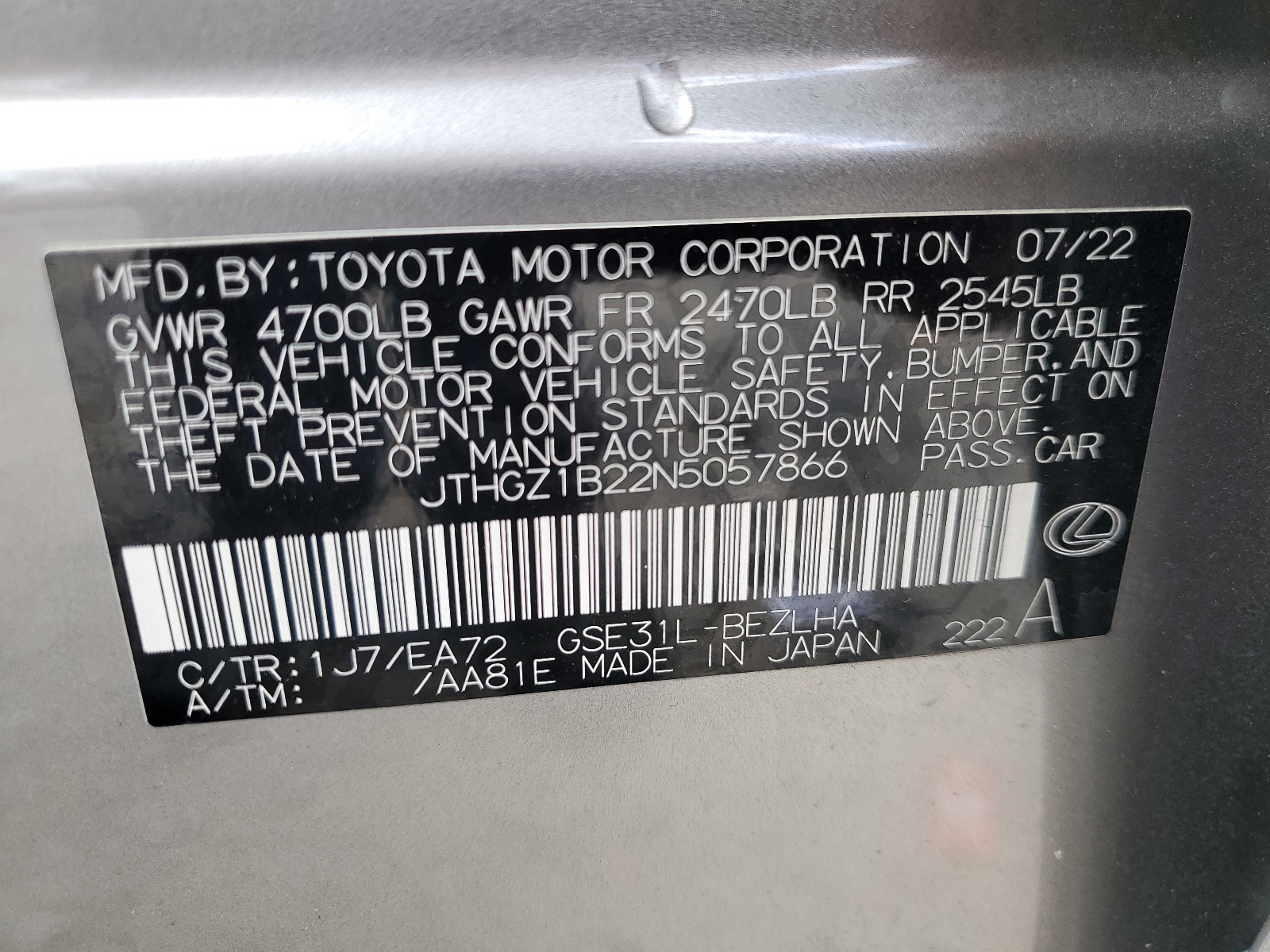 JTHGZ1B22N5057866 2022 Lexus Is 350 F Sport