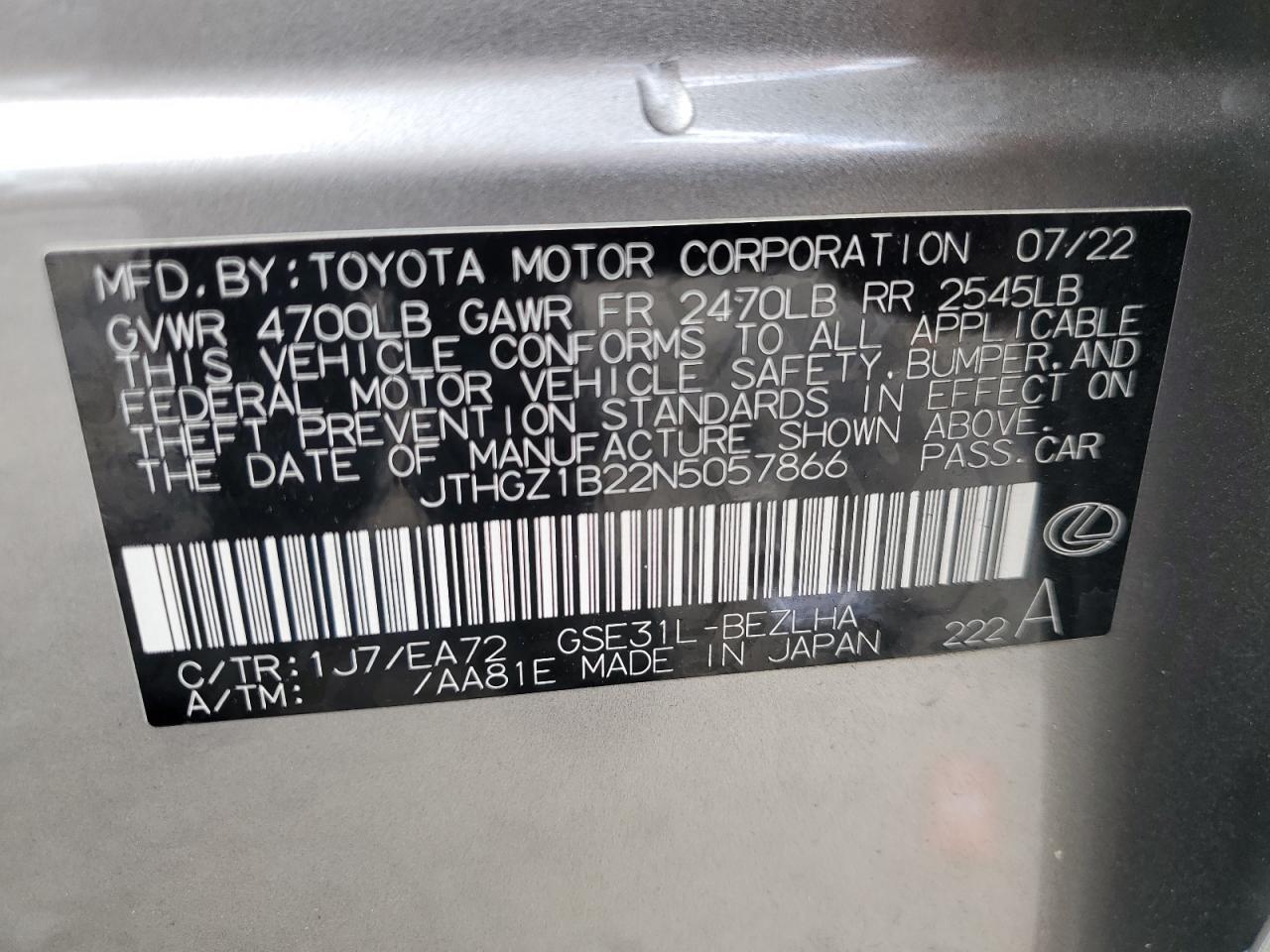 2022 Lexus Is 350 F Sport VIN: JTHGZ1B22N5057866 Lot: 66410414