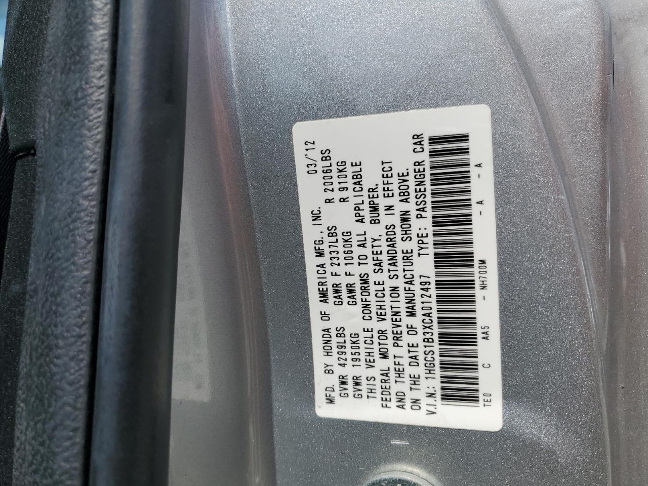 1HGCS1B3XCA012497 2012 Honda Accord Lx