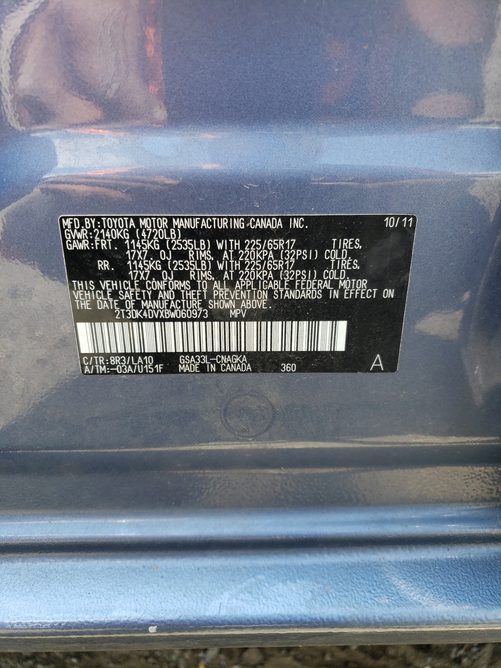 2T3DK4DVXBW060973 2011 Toyota Rav4 Limited