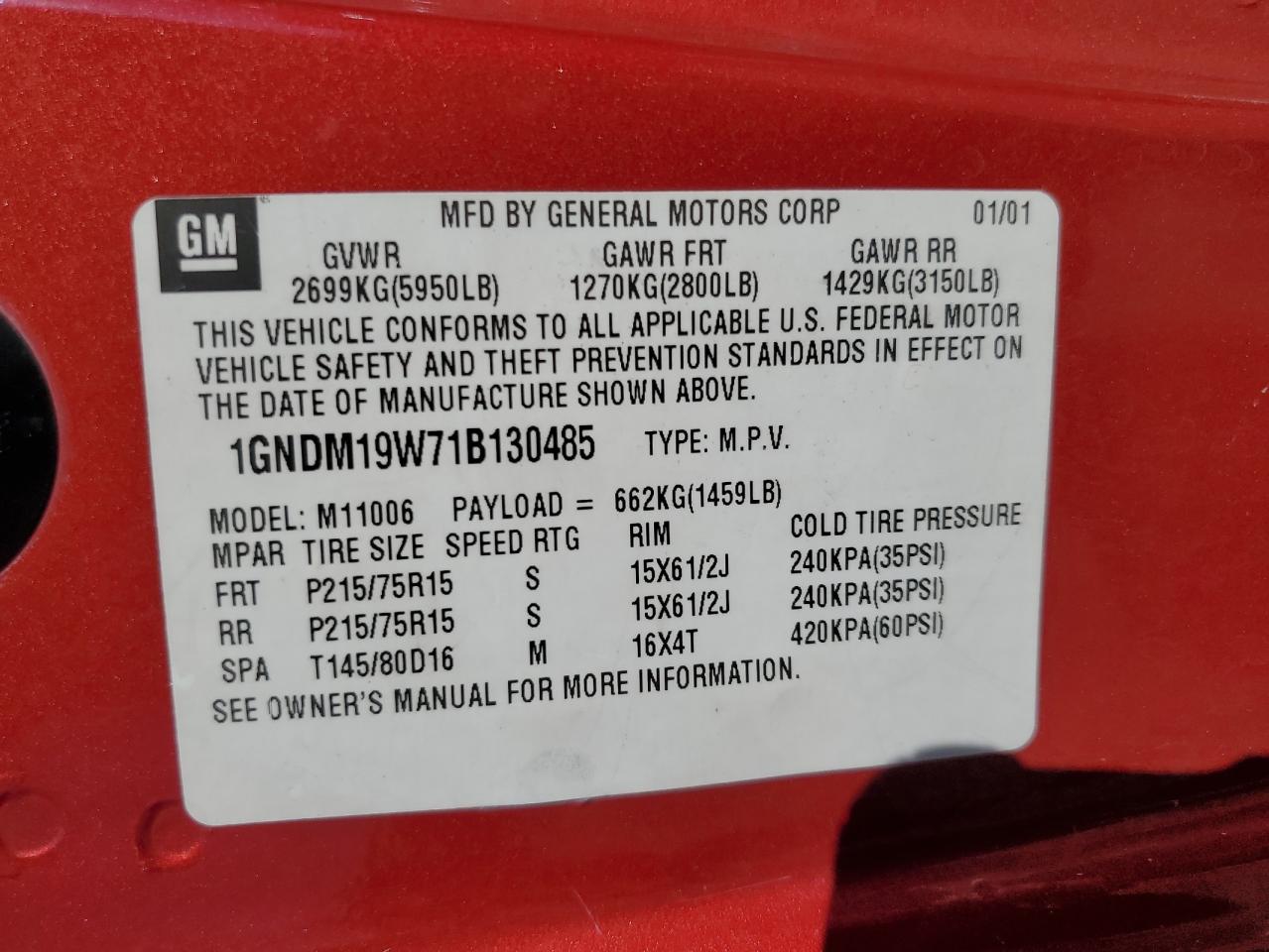 1GNDM19W71B130485 2001 Chevrolet Astro