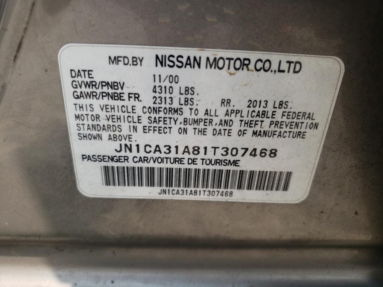 JN1CA31A81T307468 2001 Nissan Maxima Gxe