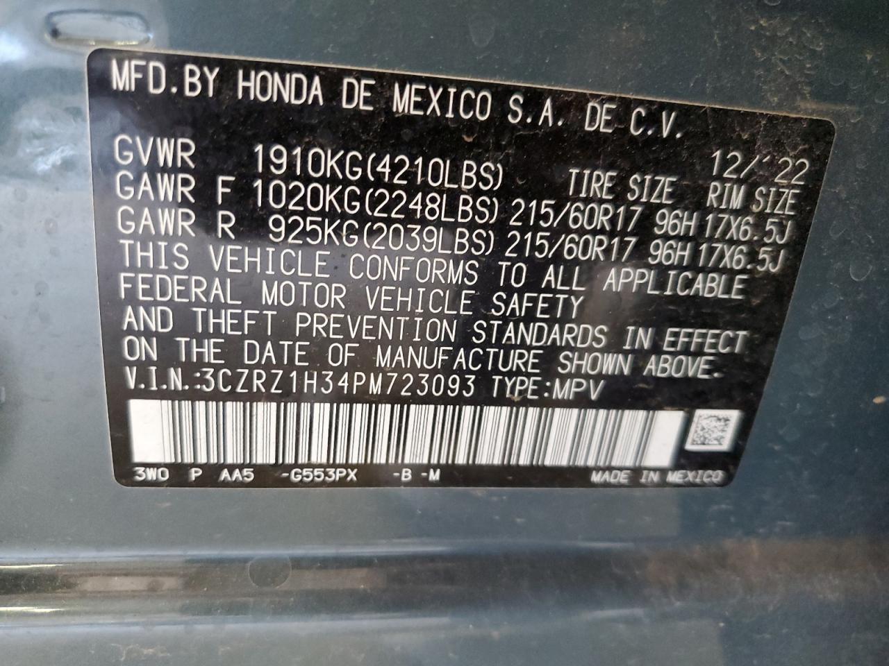 3CZRZ1H34PM723093 2023 Honda Hr-V Lx