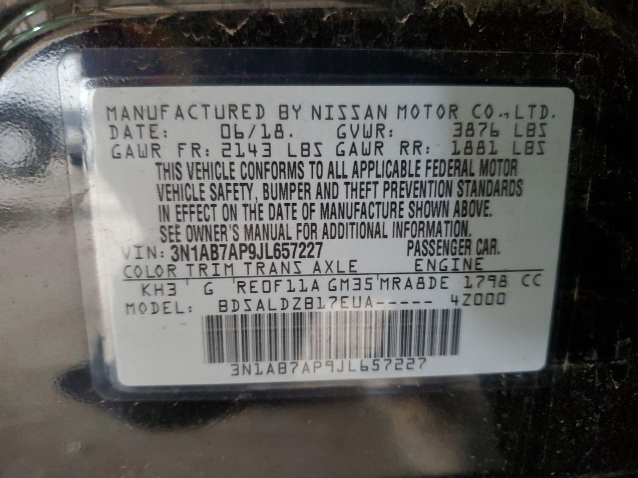 3N1AB7AP9JL657227 2018 Nissan Sentra S