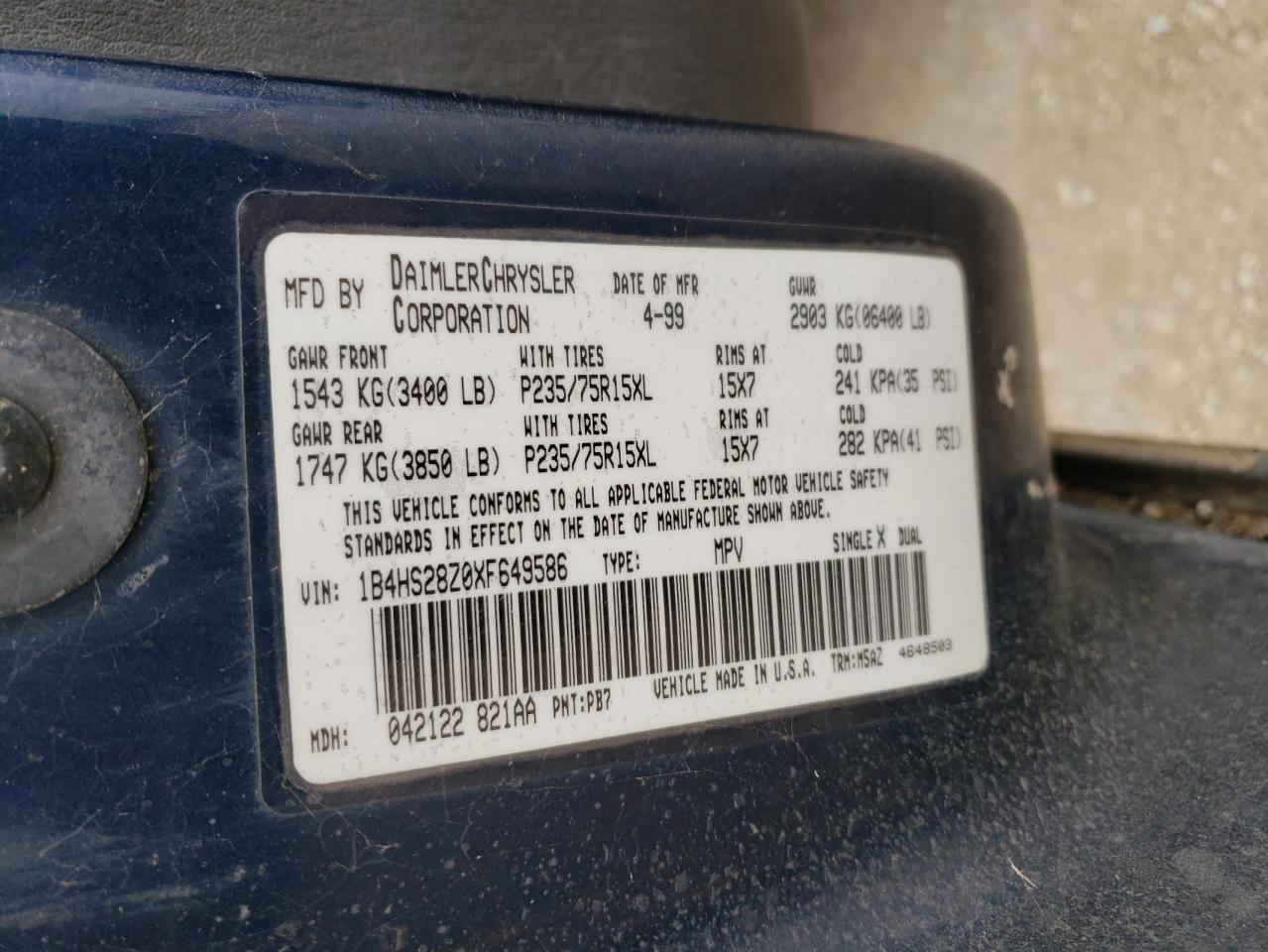 1999 Dodge Durango VIN: 1B4HS28Z0XF649586 Lot: 65786344