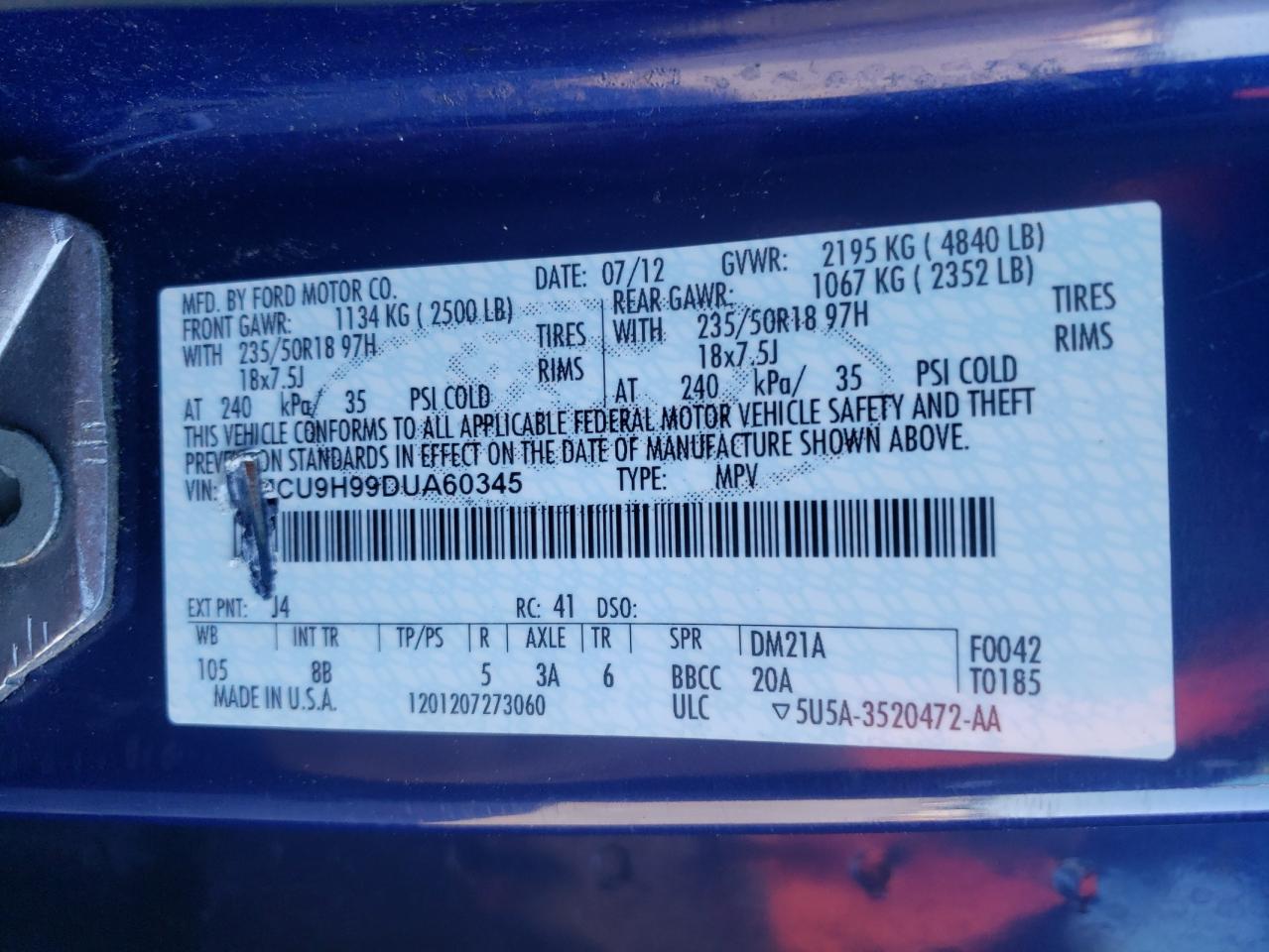 2013 Ford Escape Sel VIN: 1FMCU9H99DUA60345 Lot: 68009724