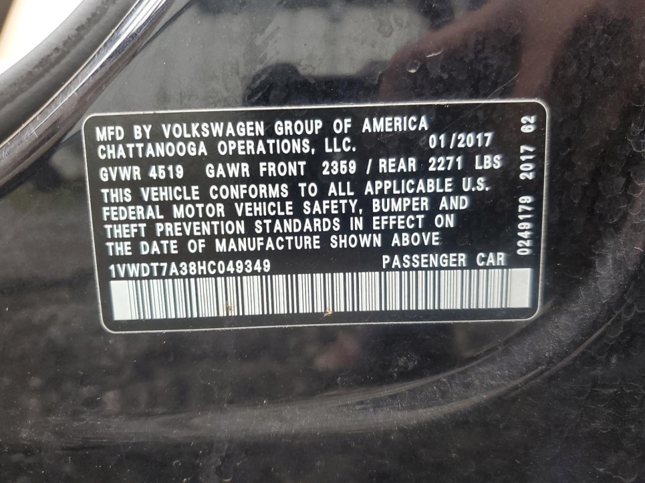 2017 Volkswagen Passat R-Line VIN: 1VWDT7A38HC049349 Lot: 66681624