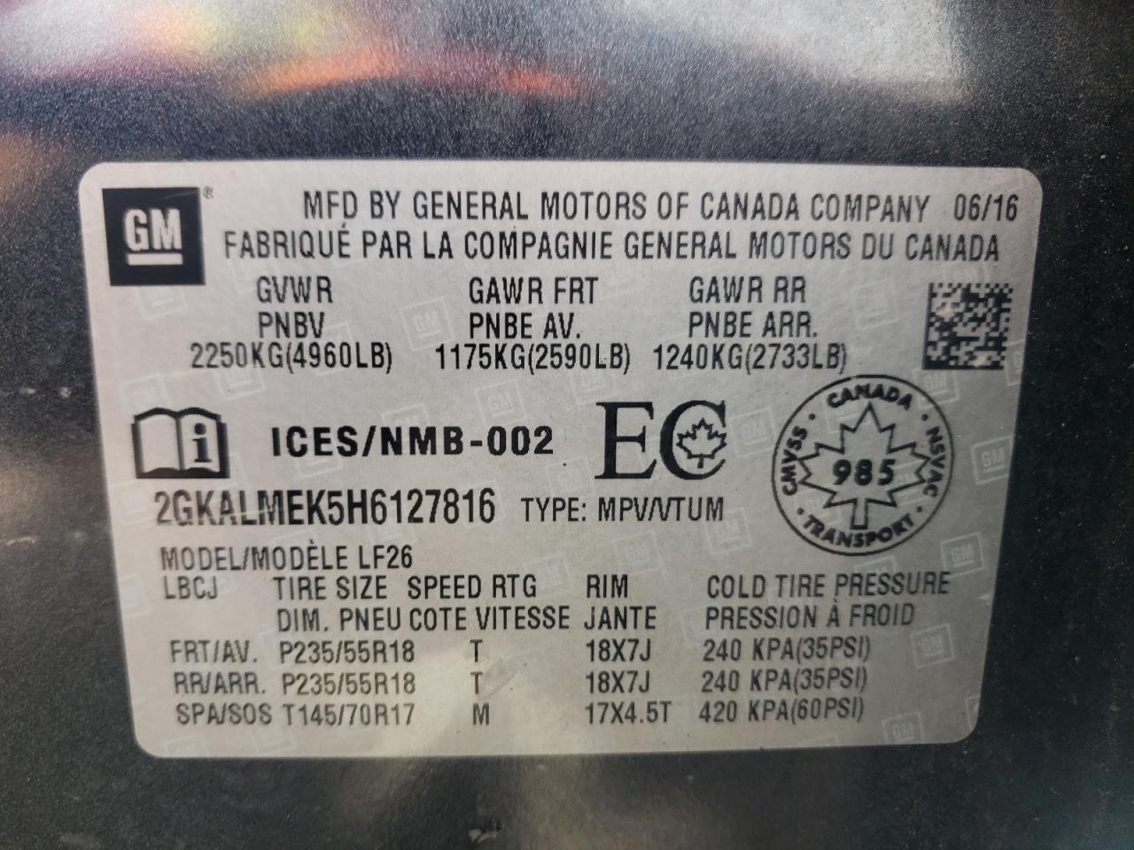 2GKALMEK5H6127816 2017 GMC Terrain Sle