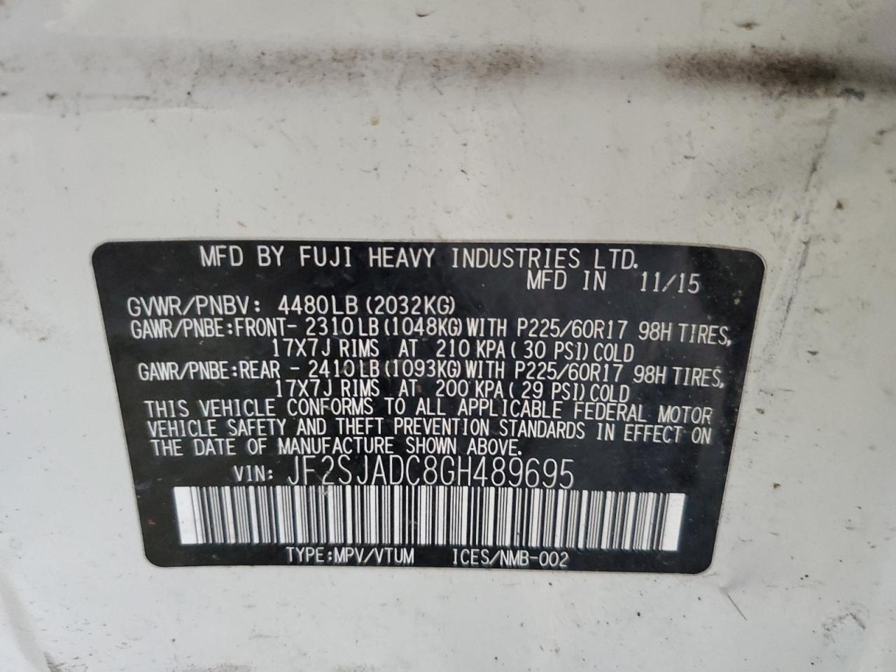 2016 Subaru Forester 2.5I Premium VIN: JF2SJADC8GH489695 Lot: 67665974