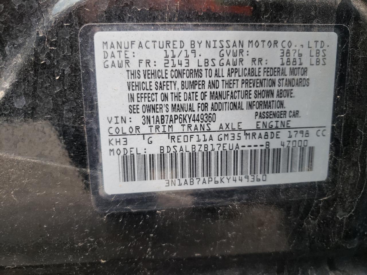 3N1AB7AP6KY449360 2019 Nissan Sentra S