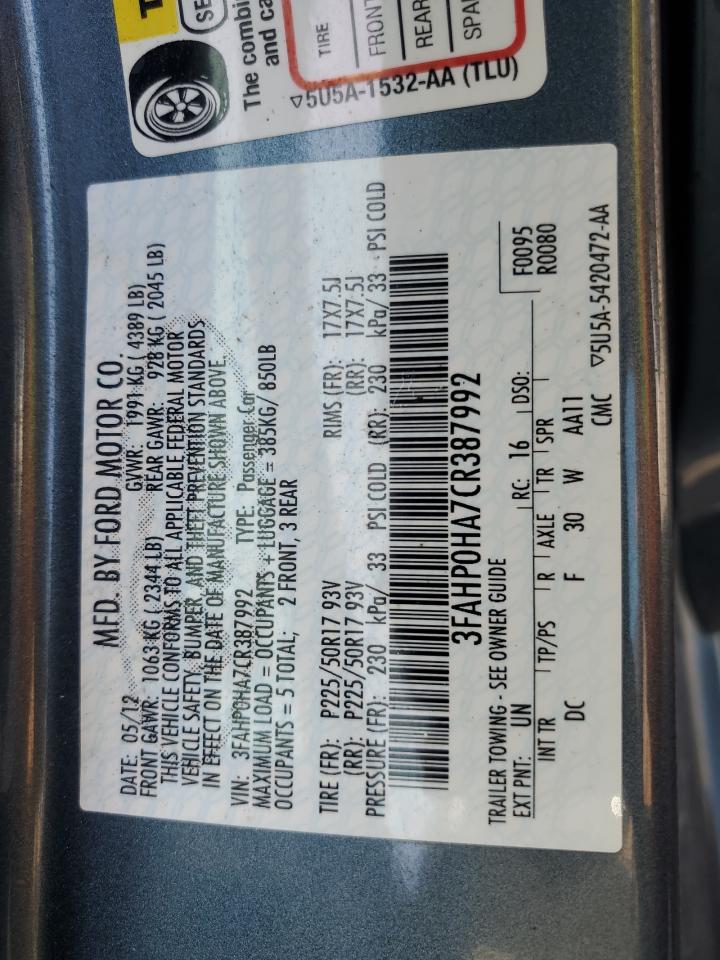 2012 Ford Fusion Se VIN: 3FAHP0HA7CR387992 Lot: 66165944