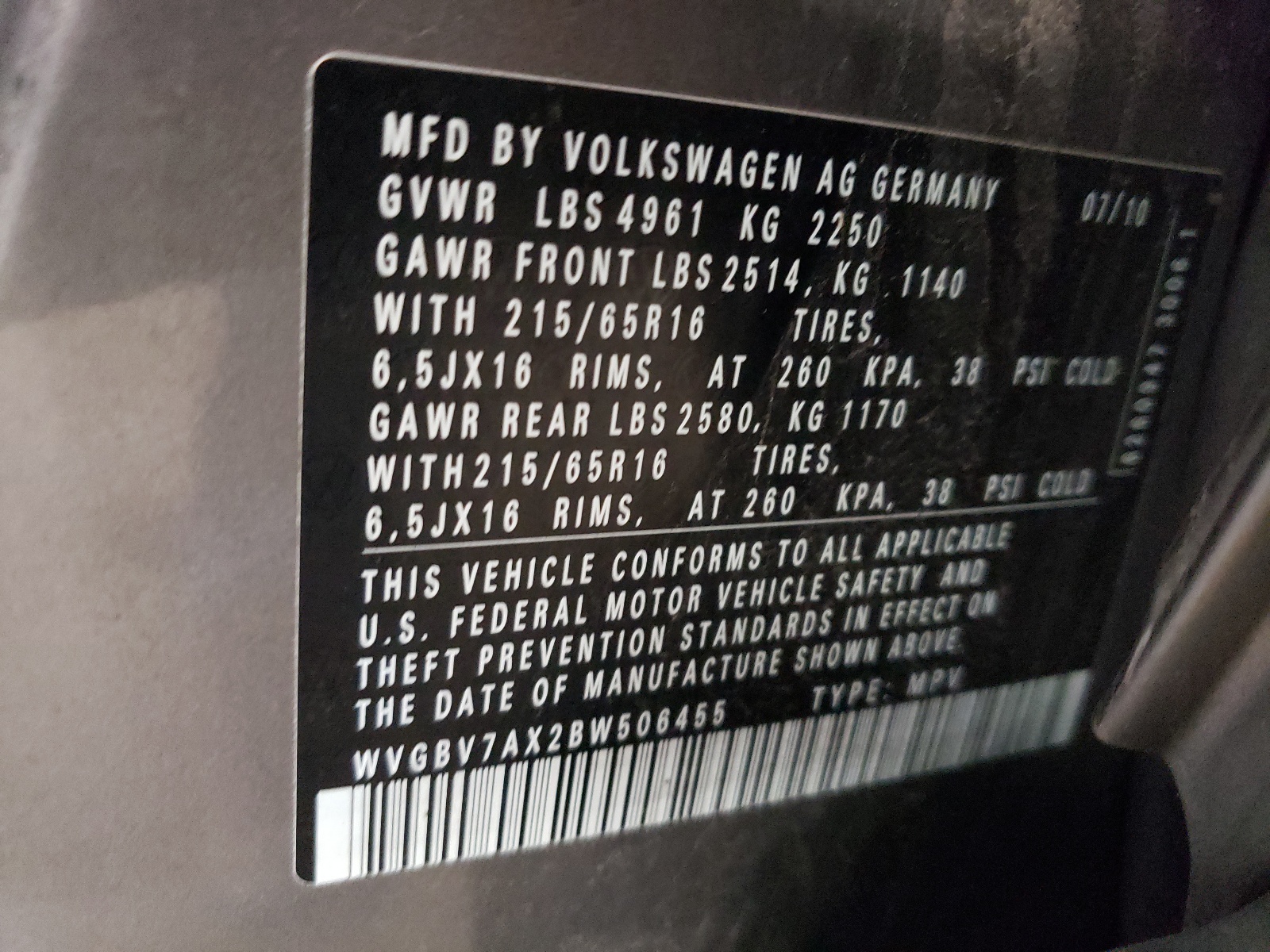 WVGBV7AX2BW506455 2011 Volkswagen Tiguan S