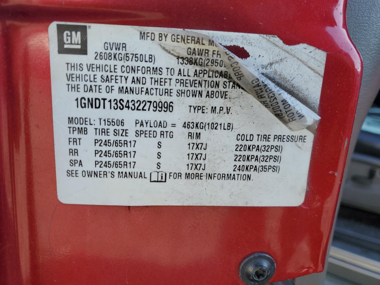 2003 Chevrolet Trailblazer VIN: 1GNDT13S432279996 Lot: 67862364