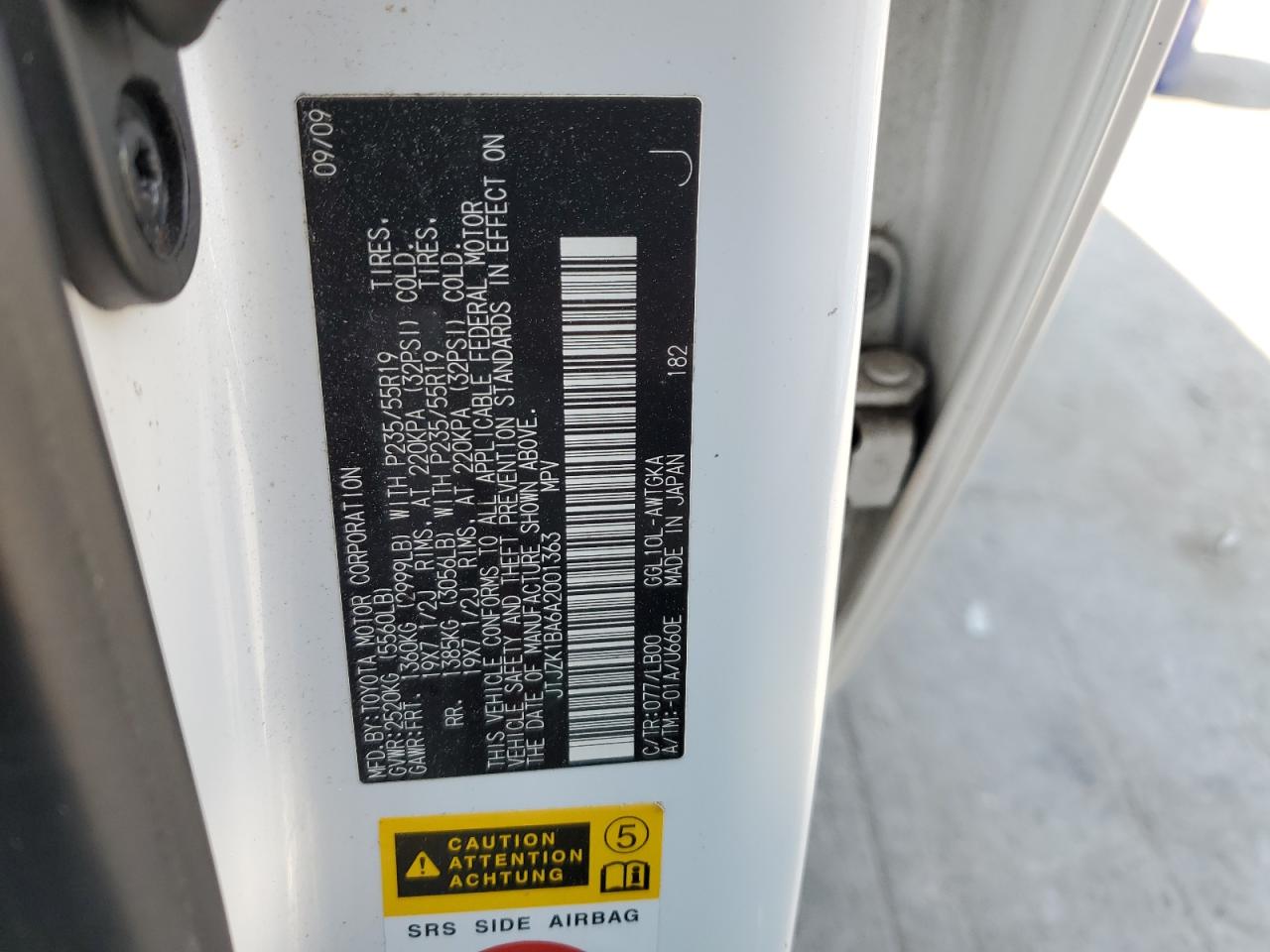 2010 Lexus Rx 350 VIN: JTJZK1BA6A2001363 Lot: 65987324