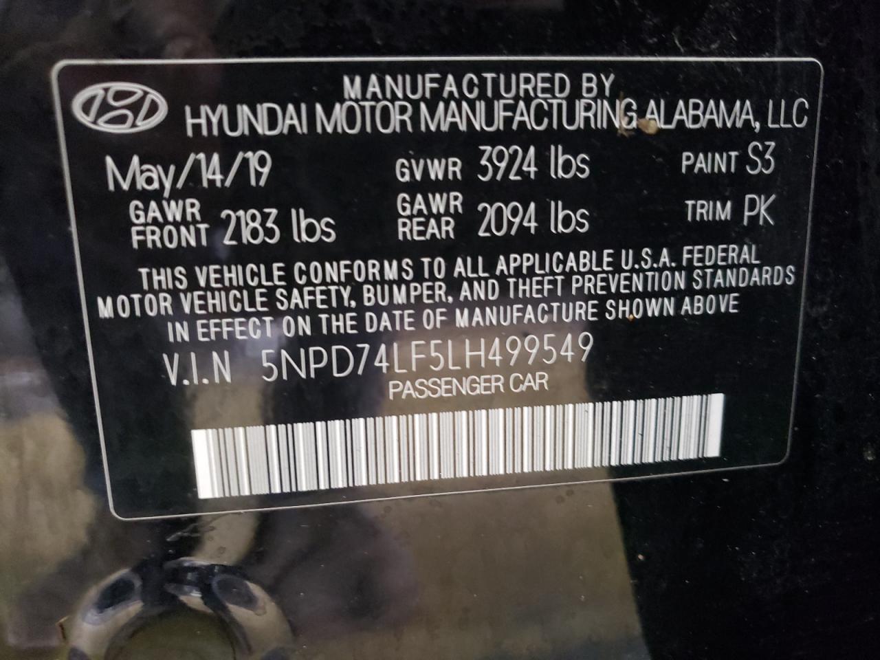 2020 Hyundai Elantra Se VIN: 5NPD74LF5LH499549 Lot: 66018074