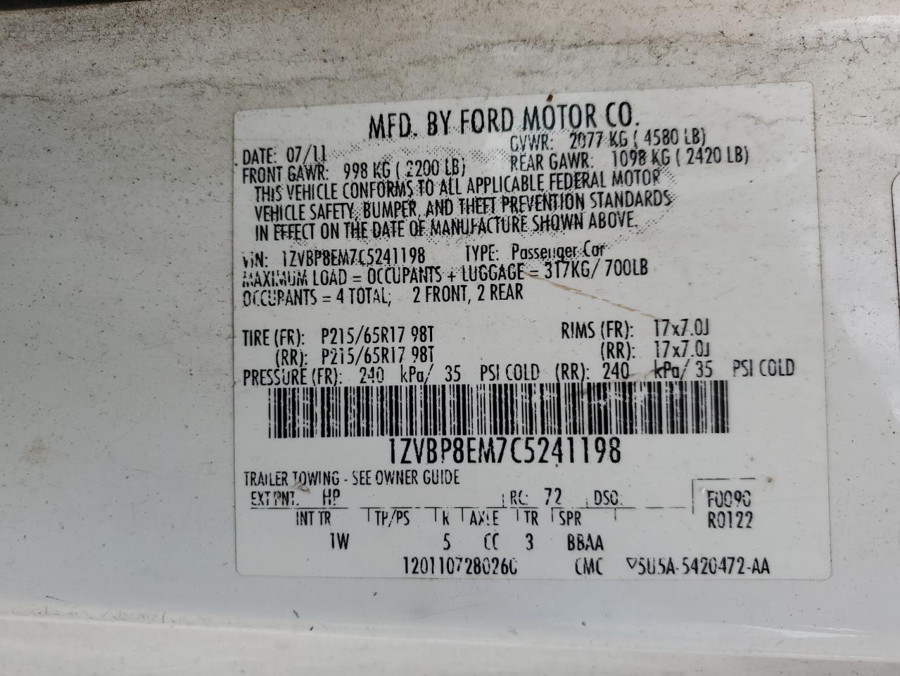 2012 Ford Mustang VIN: 1ZVBP8EM7C5241198 Lot: 67214544