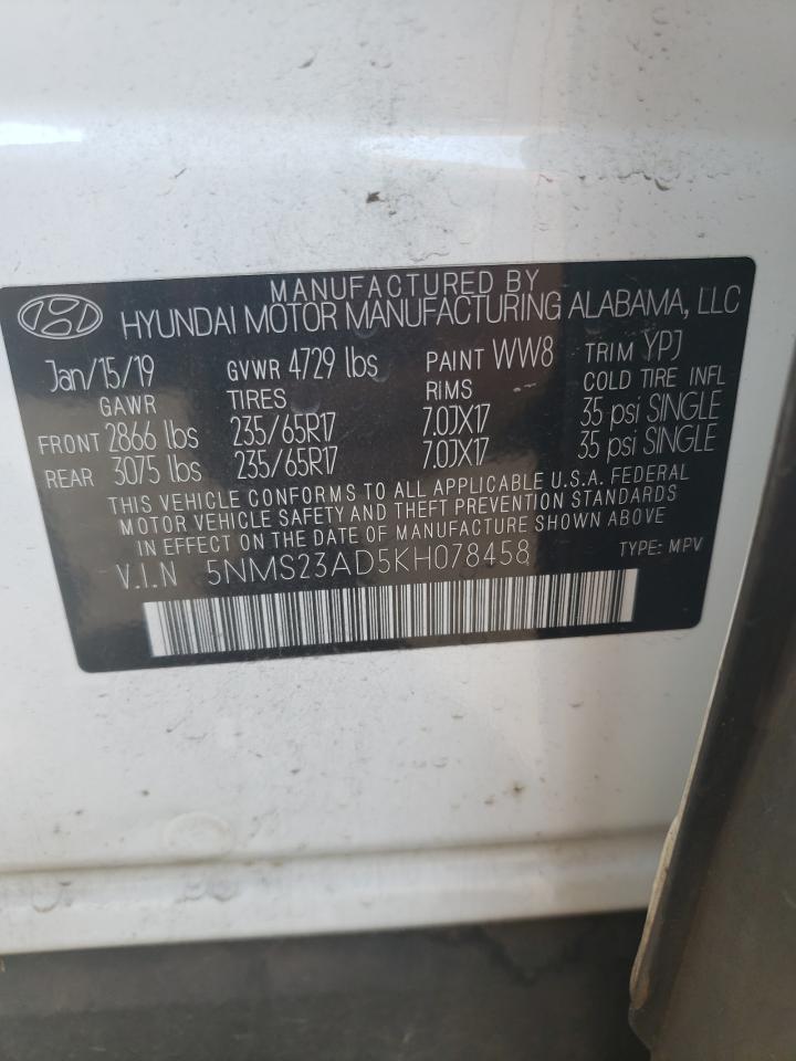 5NMS23AD5KH078458 2019 Hyundai Santa Fe Se