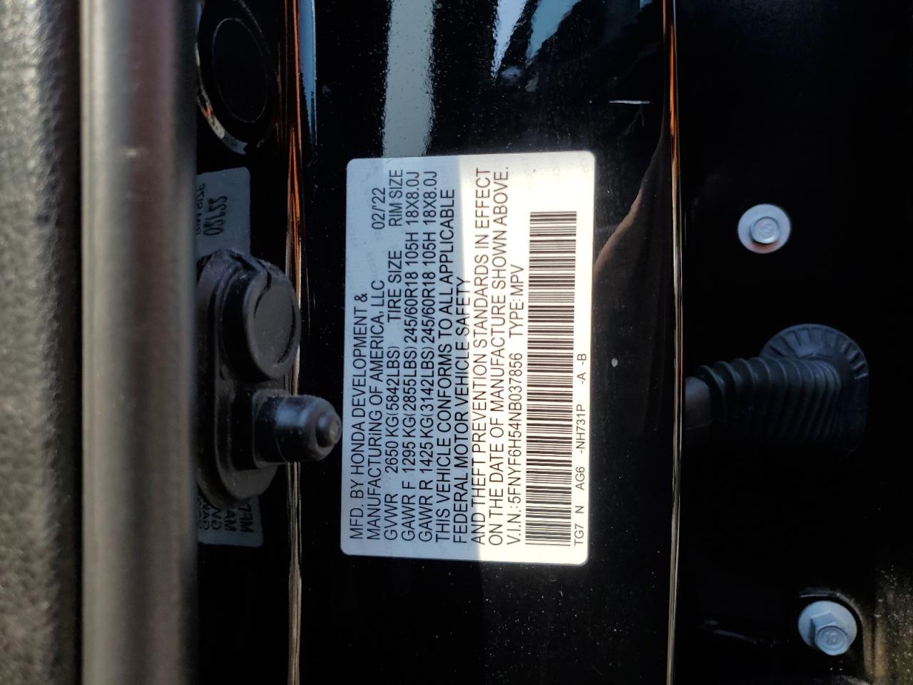 5FNYF6H54NB037856 2022 Honda Pilot Exl