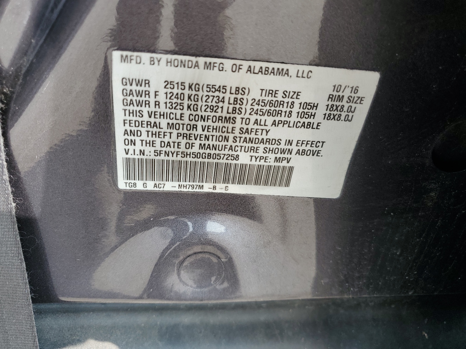 5FNYF5H50GB057258 2016 Honda Pilot Exl