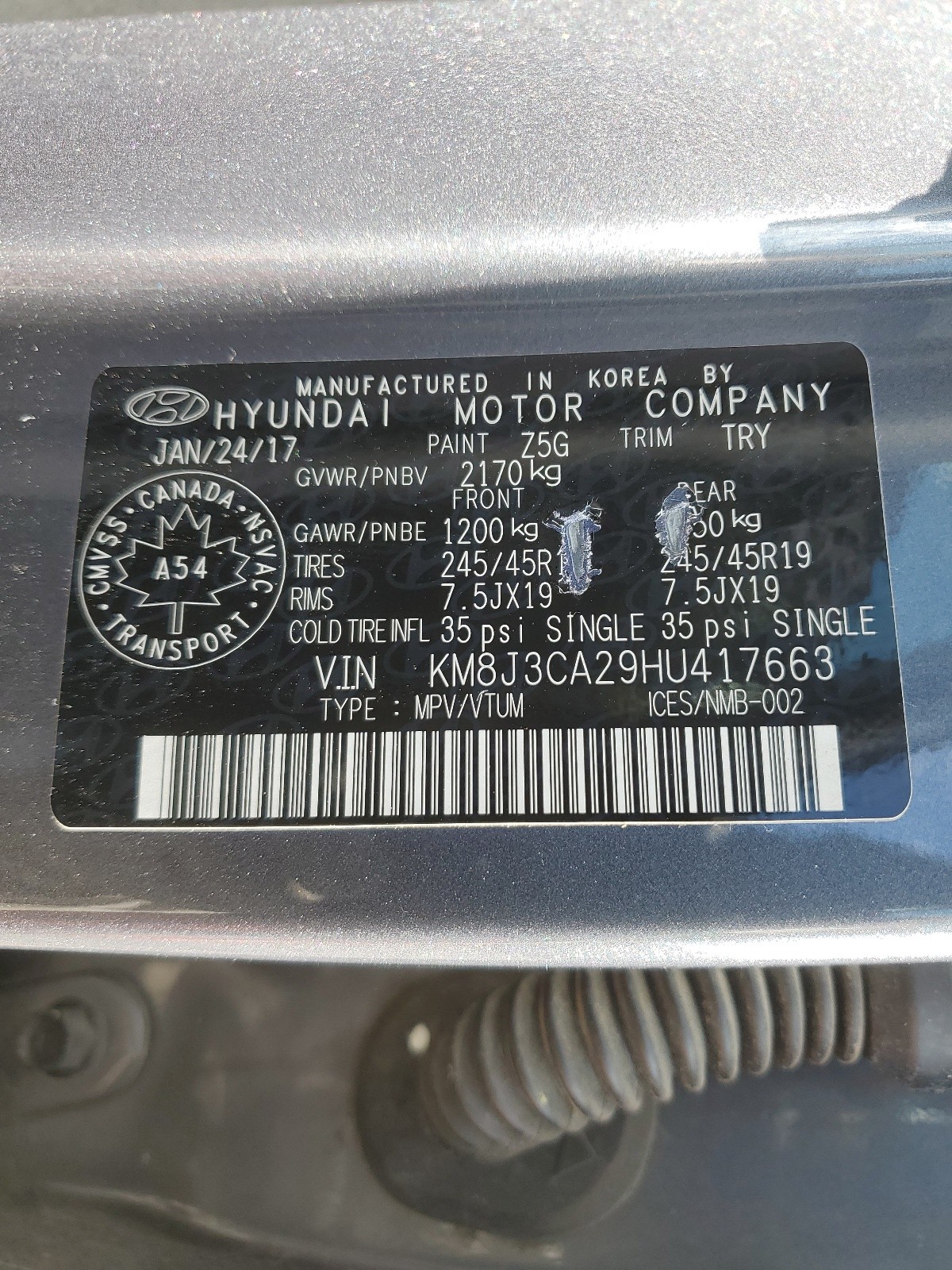 KM8J3CA29HU417663 2017 Hyundai Tucson Limited