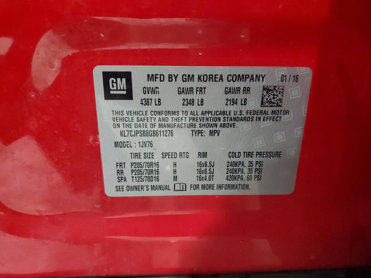 2016 Chevrolet Trax 1Lt VIN: KL7CJPSB8GB611276 Lot: 68429774