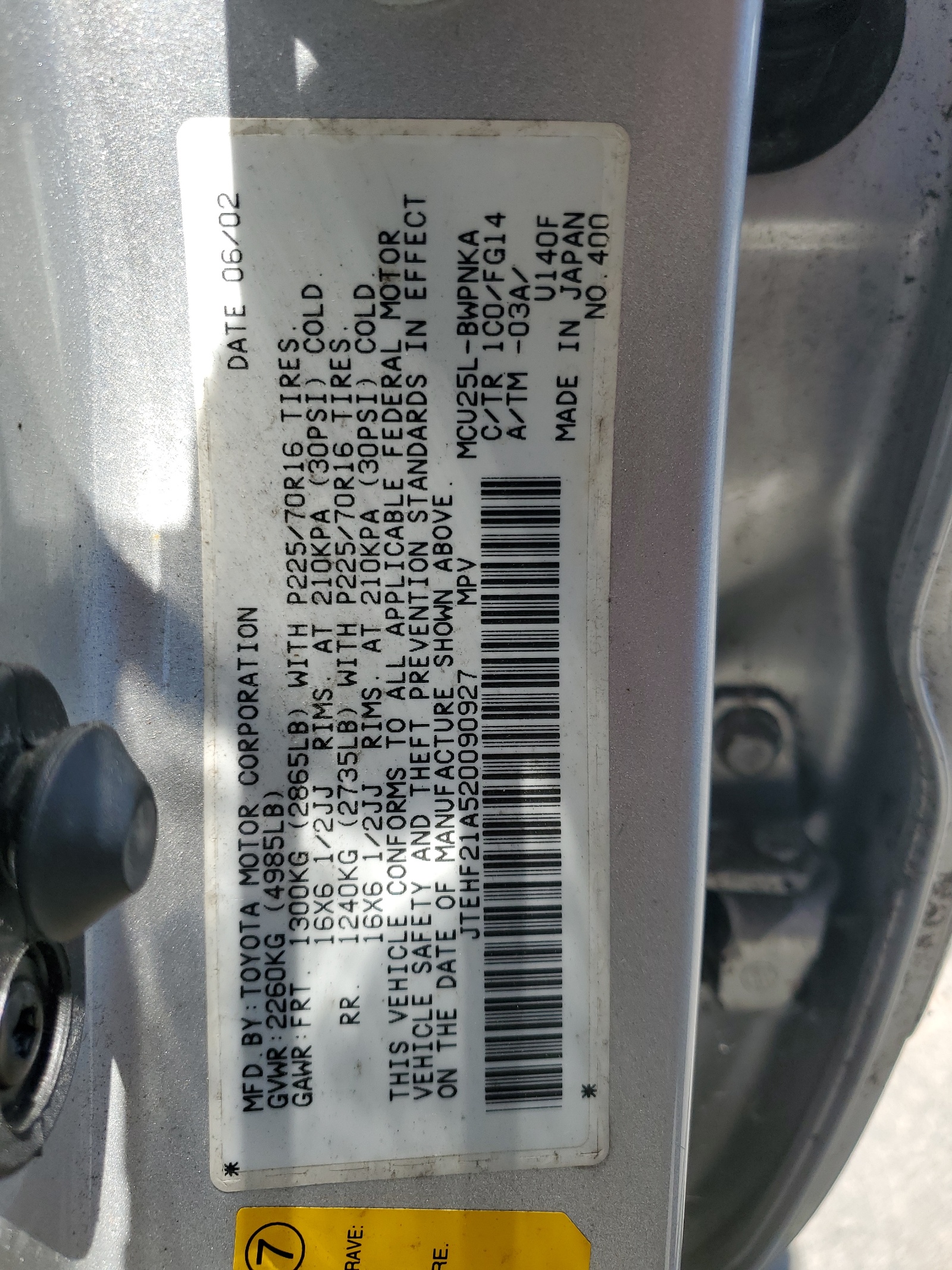 JTEHF21A520090927 2002 Toyota Highlander Limited