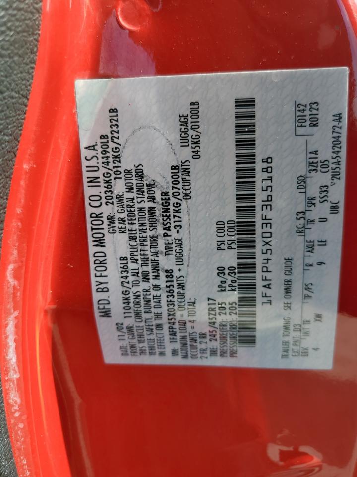 2003 Ford Mustang Gt VIN: 1FAFP45X03F365188 Lot: 66626214