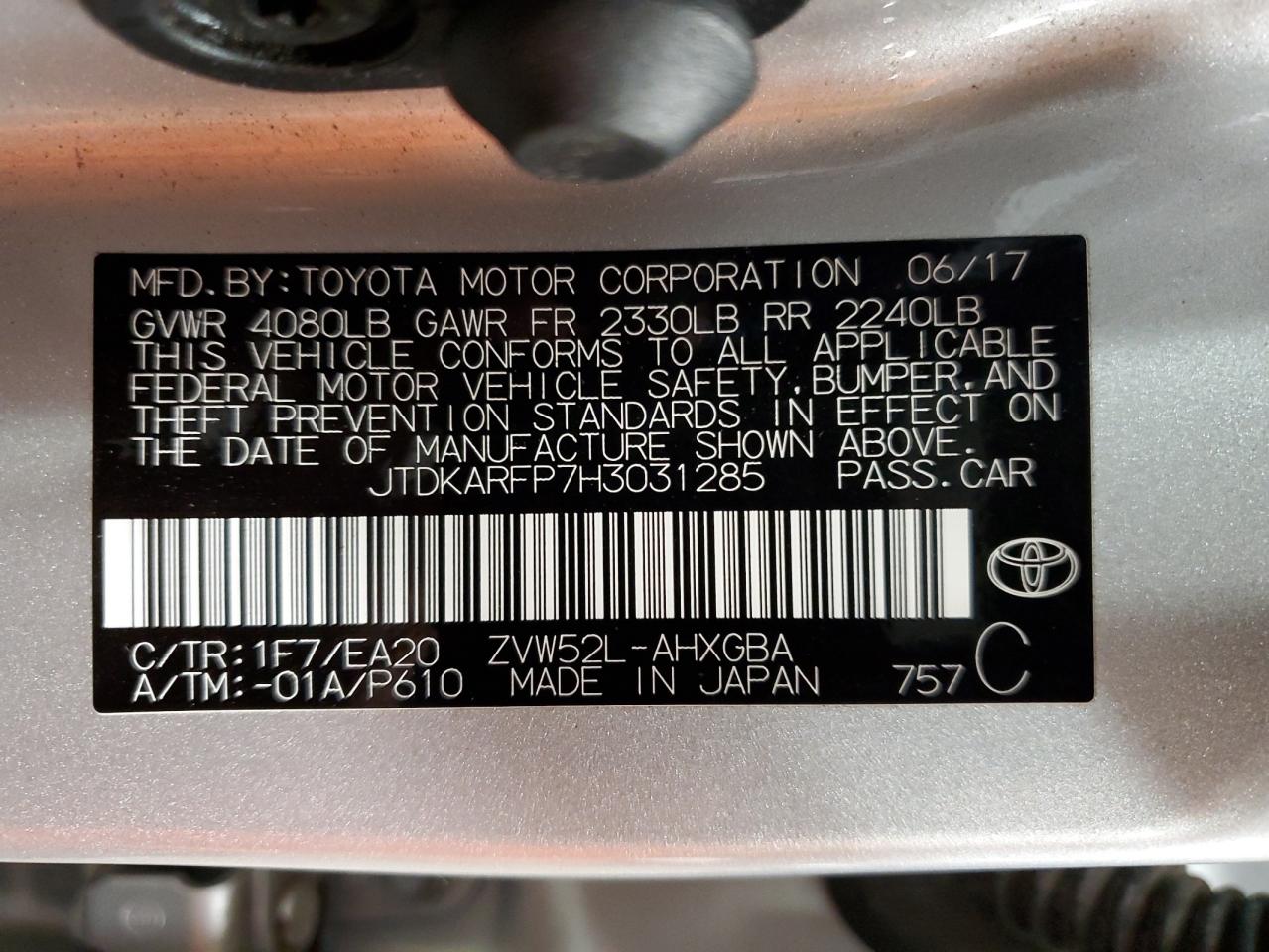 2017 Toyota Prius Prime VIN: JTDKARFP7H3031285 Lot: 65954594